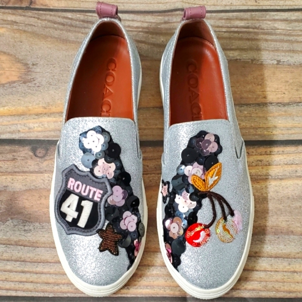 Coach Cherry Patches Silver Slip On Retail $295 Size 10